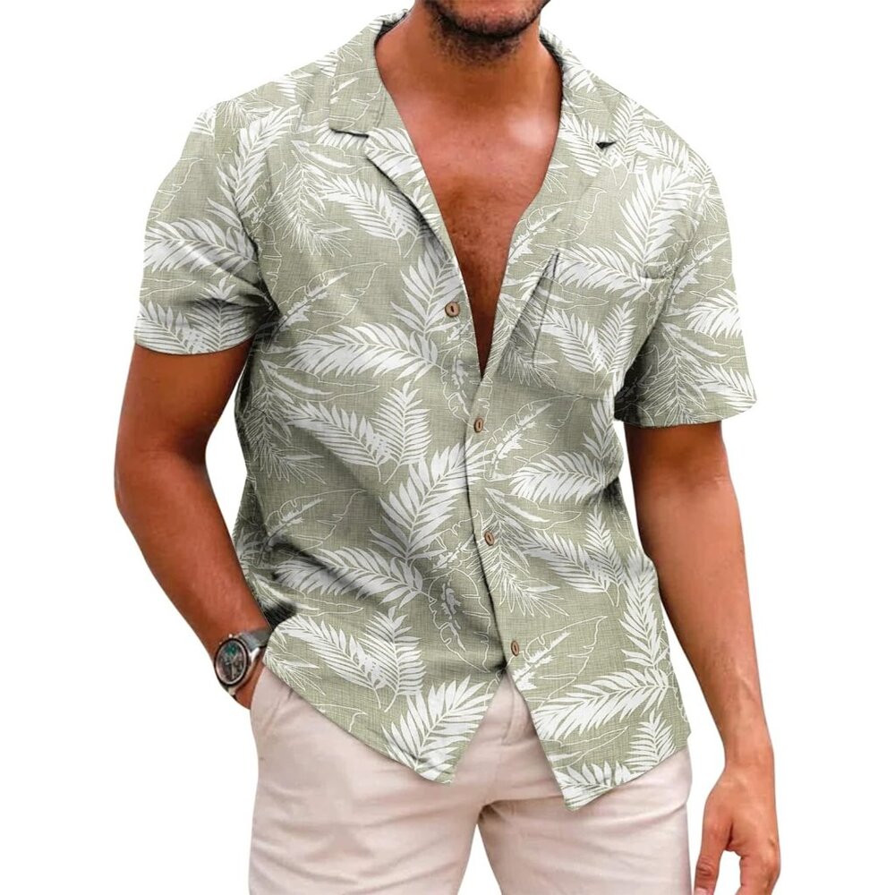 Men's Green Casual Button Down Shirts Short Sleeve Textured Summer Beach Shirt
